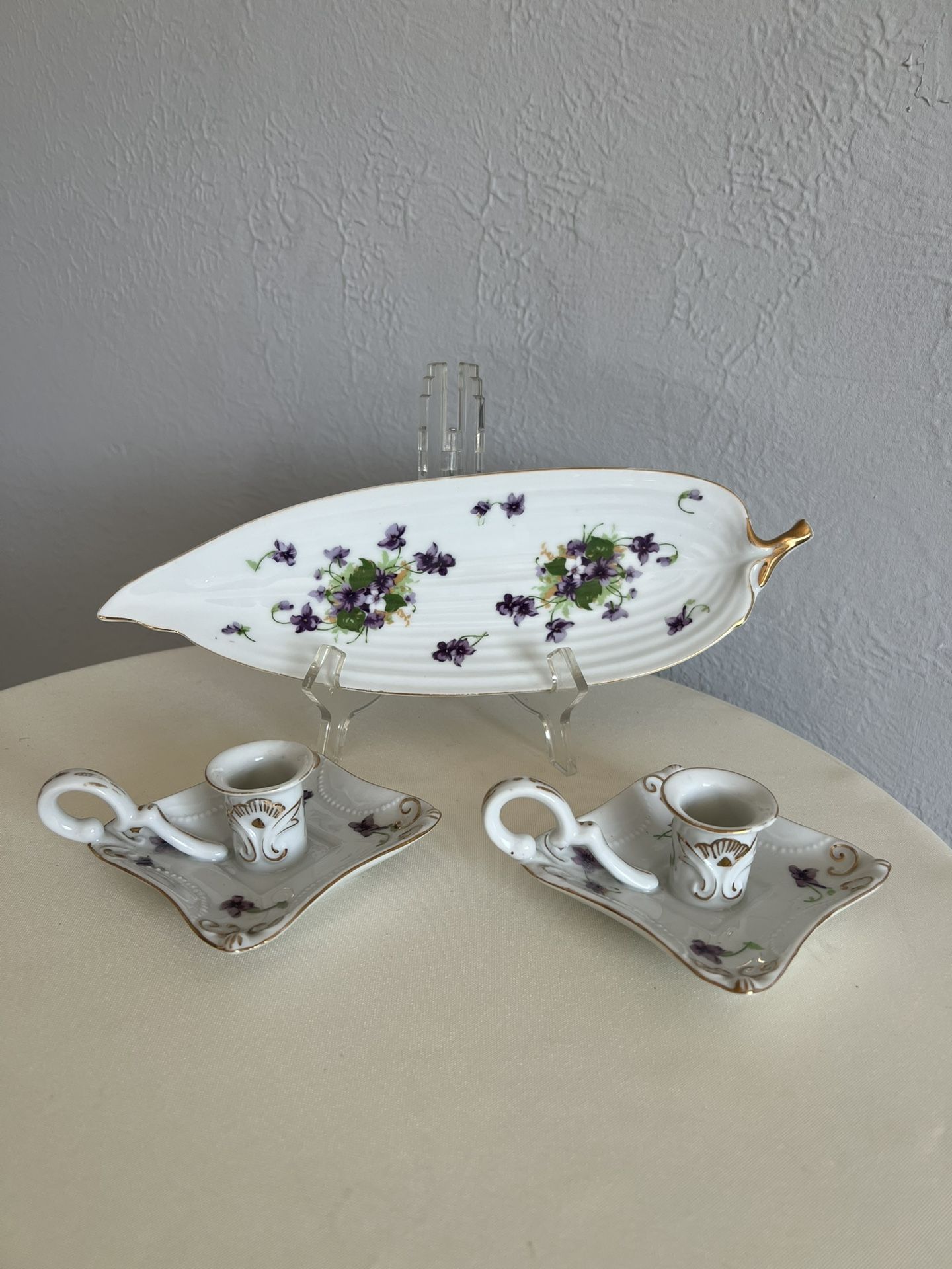Vintage 1960s Norcrest Sweet Violets Fine China Candleholders and Trinket Dish Set Made in Japan