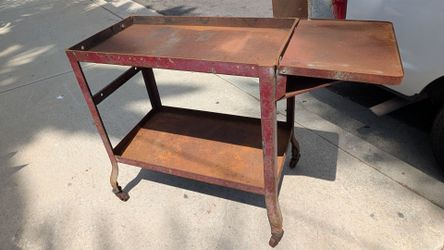 Vintage industrial cart heavy gauge steel table w tray mid-century bar steampunk rolling shelf