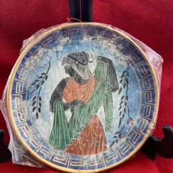 6.75 Inch Handmade Hand Painted Hand Etched Greek Ceramic Wall Hanging Plate Imported From Greece (Stand Not Included)