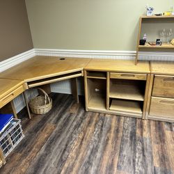Wooden Office Desk Set U-shaped wooden desk with shelves and drawers. 