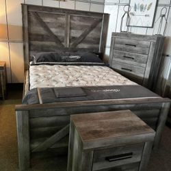 AP- Gray Crossbuck Panel Bedroom Set- 4-Piece (Bed, Dresser, Mirror, Nightstand)/ Financing - Delivery 