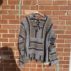 Mexican Blanket Baja Hoodie Poncho Drug Rug Pullover Size Medium Gray Authentic