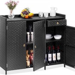 O728 $150  Outdoor Storage Cabinet, Rattan Outdoor Cabinet Storage Weatherproof, Wicker Patio Bar Table with Two Doors, Adjustable Shelves & Drawer, S