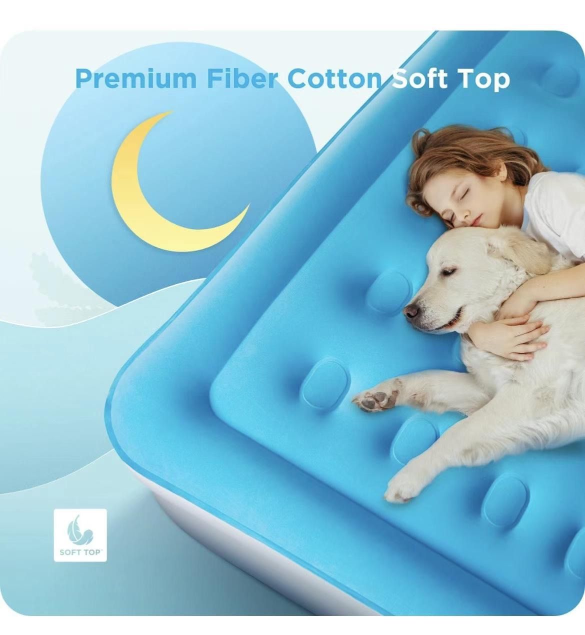 16 inches Air Mattress Queen with Built in Pump For Home and Camping, Flocked Top Inflatable Air Bed for Guests, Family, Blue Camping & Hiking