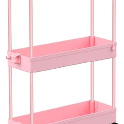 Pink Rolling Storage Cart 3 Tier Organizer Utility Cart Mobile Shelving Unit