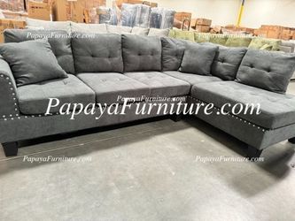 NEW L Shape Sectional Sofa and Chaise Lounge Set Nailhead trim Big Discount SALE Clearance Closeout Dark Grey Gray Fabric Couch Upholstered cushion