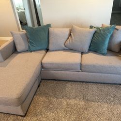 Gray Fabric Sectional Sofa w/ Chaise – Reversible Teal Accent Pillows