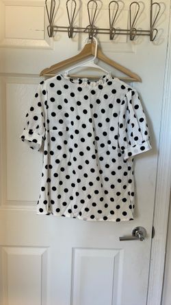 White Black Polka Dot Ruffle Neck Blouse