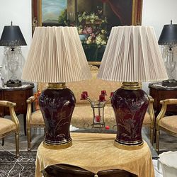 Pair of Gorgeous Vintage Bohemian Cranberry Glass & Brass Lamps in Hand-painted Gold Floral Design🌷