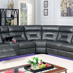Brand New Gray Breathable Leatherette L-Shaped Power Recliner Sectional Sofa Built-in In Led Light 