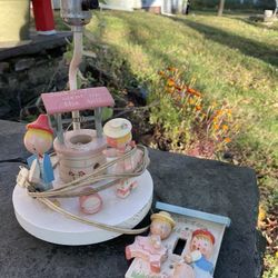 1970s nursery rhyme wooden table, lamp, and wall switch cover