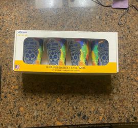 Corona Extra Cerveza Mexican Day Of The Dead Sugar Skull Pint Glasses (Set of 4)