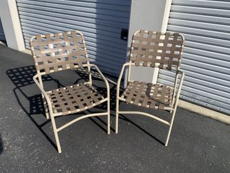 Vintage Basketweave Vinyl Strap Stackable Patio Chairs. 