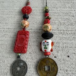 Vintage Chinese Feng Shui Hanging Charm Beaded Amulet Coin Tassel Ornament 10”