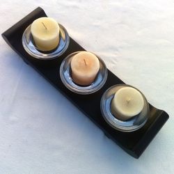 Black Wood Decorative Tray (11.5"x 3.25"x 1.5" H) with 3 Glass Candle Votive Holders (3" x 1" H) for Votive Candles up to 1.5" (3 Candles Included)
