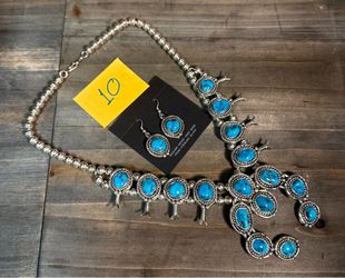 Navajo Natural Turquoise Sterling Silver Handmade Bead Squash Blossom Necklace