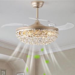 42 Inch Fandelier Ceiling Fan with Light, Retractable Ceiling Fan with Lights for Bedroom Living Room Dinning Room, Chandelier with Fan 6 Speed, Silen