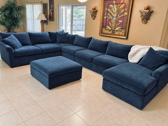 MASSIVE Blue Fabric Sectional Sofa with Storage Ottoman