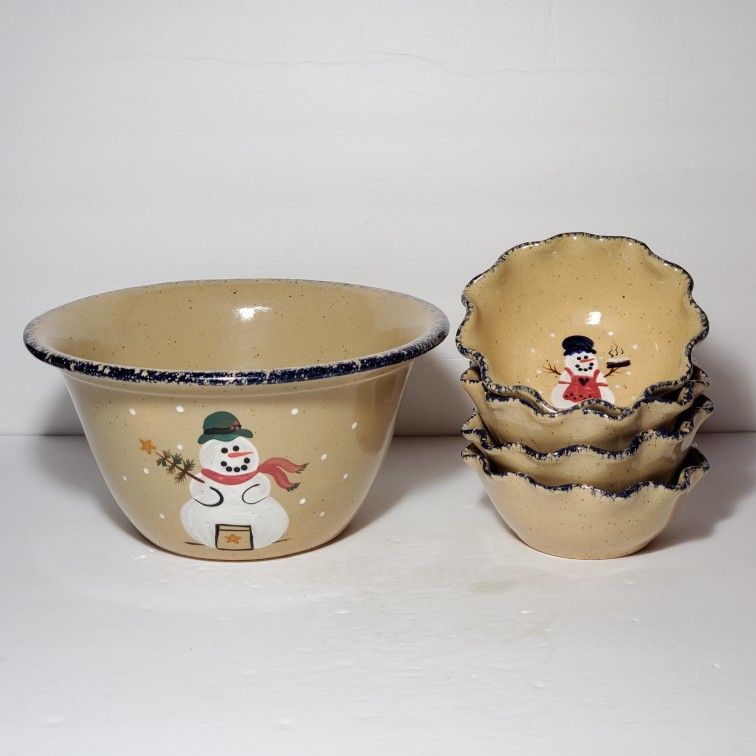 Three Rivers Pottery 1 Large Bowl 4 Small Bowls Snowman 2000