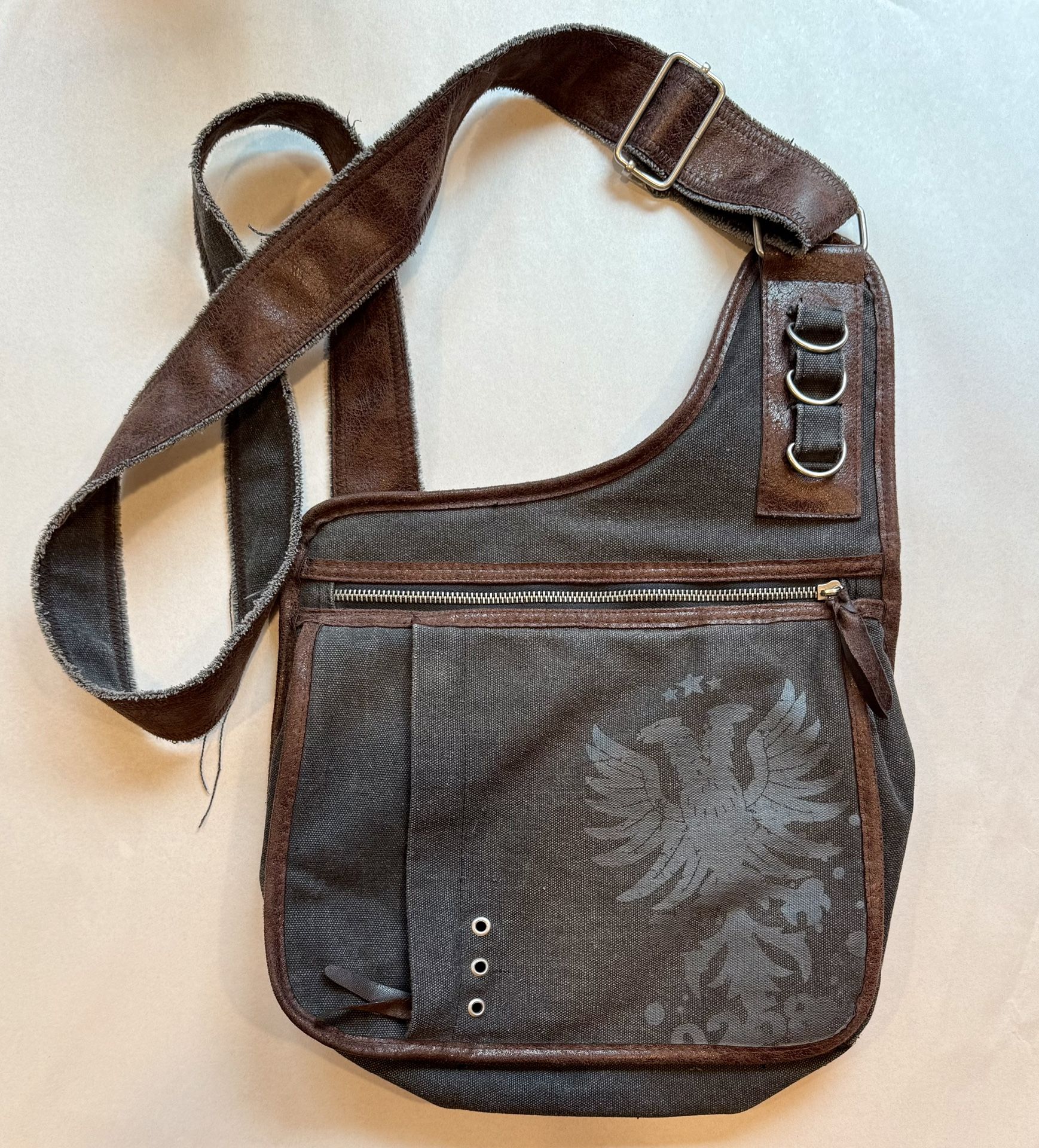 American Eagle Leather Tan Canvas Messenger Bag Double Headed Eagle Military Y2K