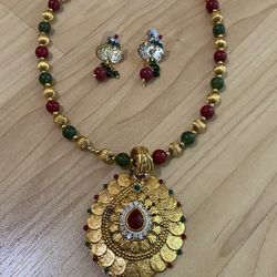Indian Gold Green Red Necklace Pendant Set