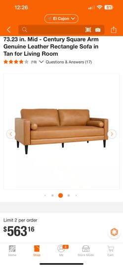 MAYKOOSH 73.23 in. Mid - Century Square Arm Genuine Leather Rectangle Sofa in Tan for Living Room