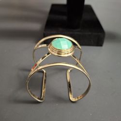 Unique Goldtone Geometric Open Arm Cuff Armlet Bracelet With Teal Colored Central Faceted Stone