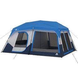 Brand New Ozark Trail Water-Resistant 10-Person Cabin Tent with LED Lighted Poles & Extra Headroom | Fits 2 Queen-Size Airbeds Or 10 Campers in Sleepi