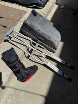 Crutches, foot brace, elevation pillow