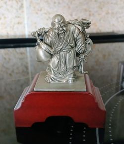 Vintage Chinese Old Wise Man Pewter Figurine With Wood Base