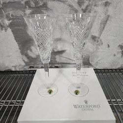 WATERFORD CRYSTAL-Wedding Heirloom: Pair Toasting Flutes, 10 1/4" - Ireland New