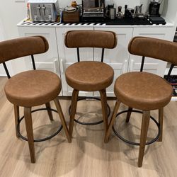26'' Swivel Bar Stools Set of 3, Upholstered Faux Leather. Brown