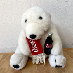 Vintage 1993 Coco-Cola Polar Bear Plush Stuffed Animal W/ Scarf & Coke Bottle