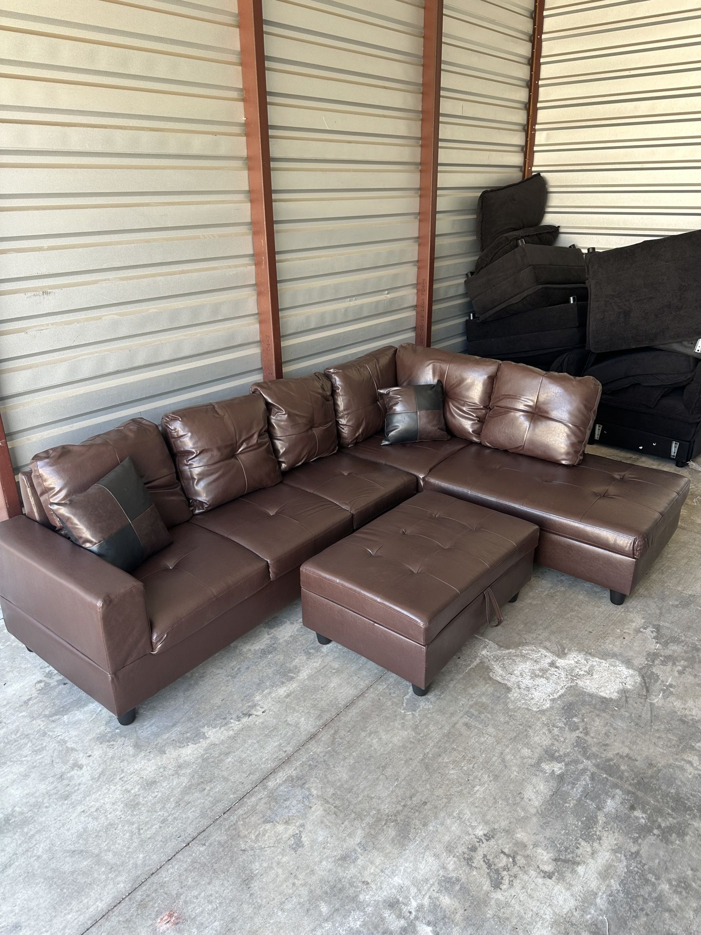 Free Delivery! Brown Faux Leather Sectional Couch with Storage Ottoman