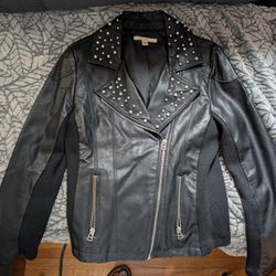 Pleather Motorcycle Style Jacket With Pearl Detail 