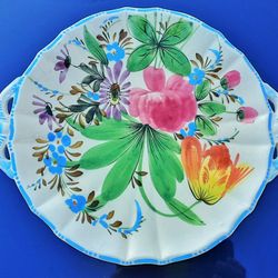 1960s ITALIAN art Pottery Ceramic Floral Garden Majolica Handled Plate 