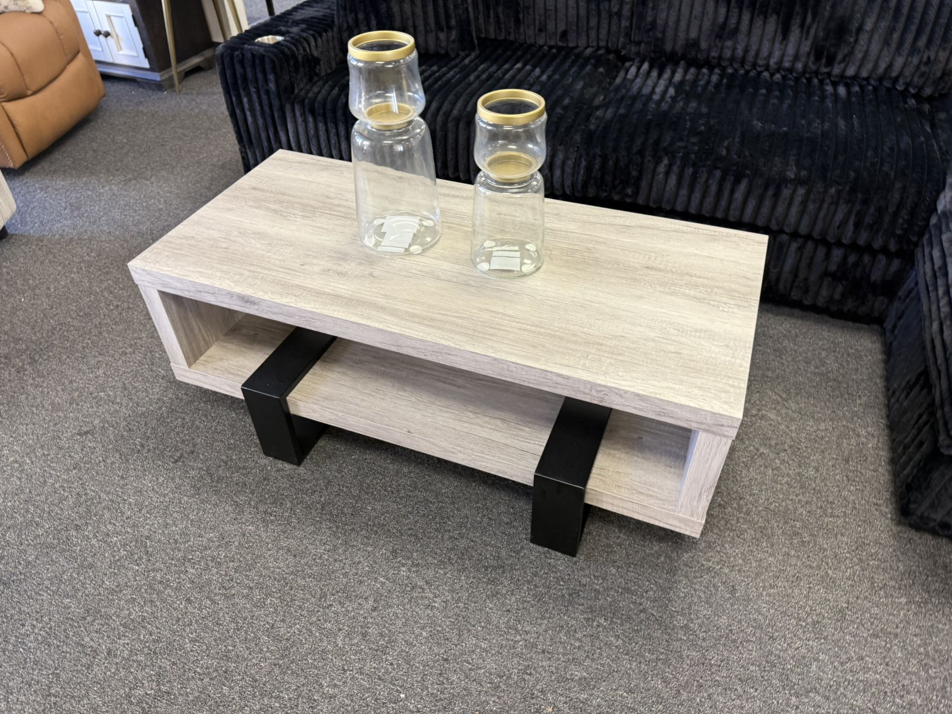 Grey Wooden Rectangular Coffee Table With Black Legs 