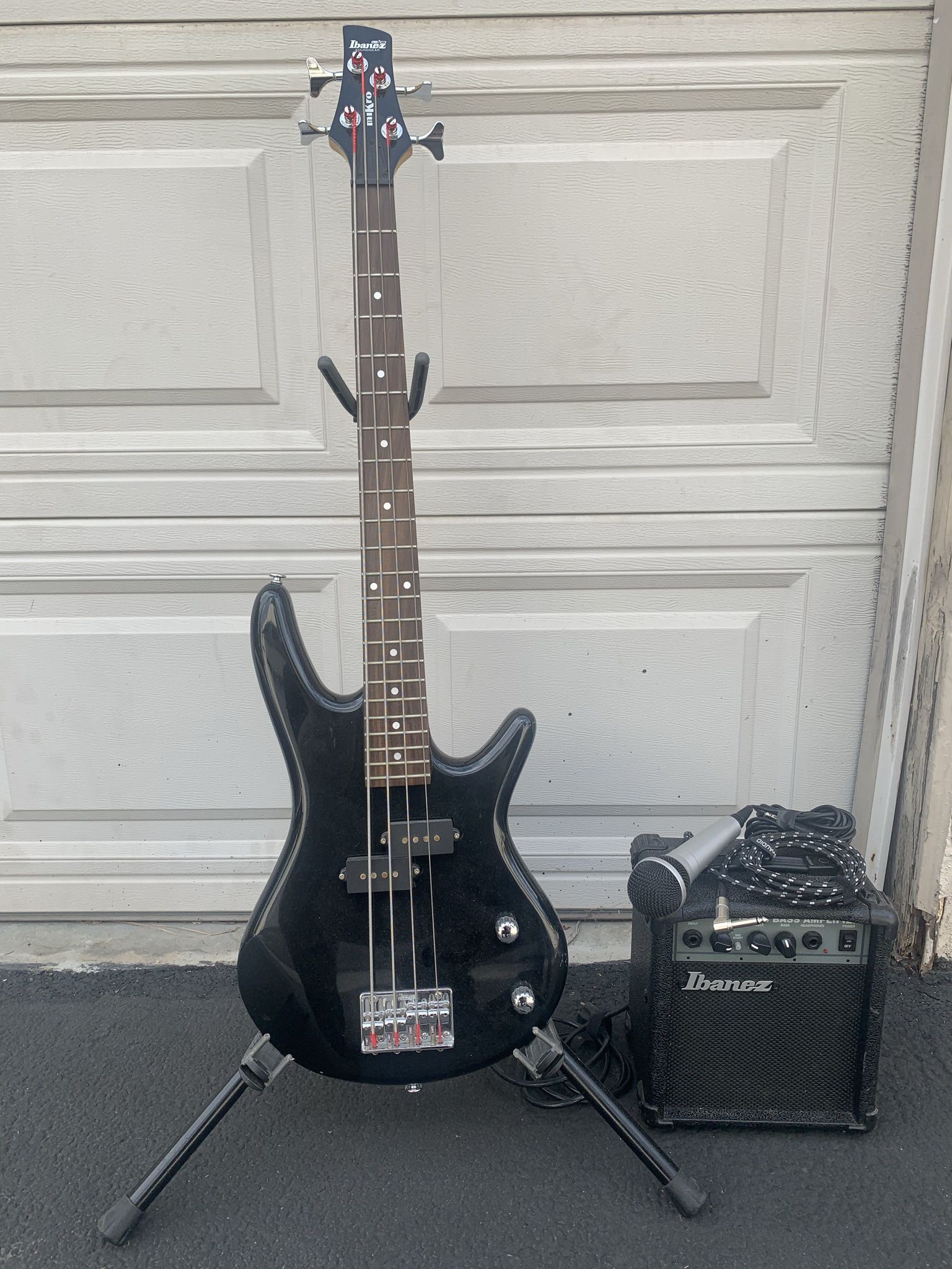 Ibanez Bass Guitar, Amplifier And Microphone