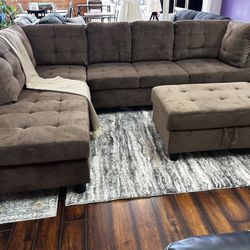 COSTCO Brown Chenille Sectional Couch And Ottoman