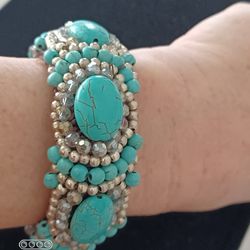 NORDSTROM " Designer Turquoise & Beads Crocheted Over Wire Cuff Bracelet