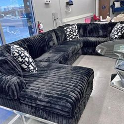 Black Color Corduroy Sectional Couch Set 🌟 ⭐$39 Down Payment with Financing ⭐ 90 Days same as cash