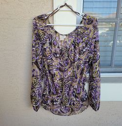 BROWN & PURPLE PAISLEY PRINT SHEER BLOUSE/SMOCKED WAIST & GATHERED NECKLINE...SIZE M...MICHAEL KORS
