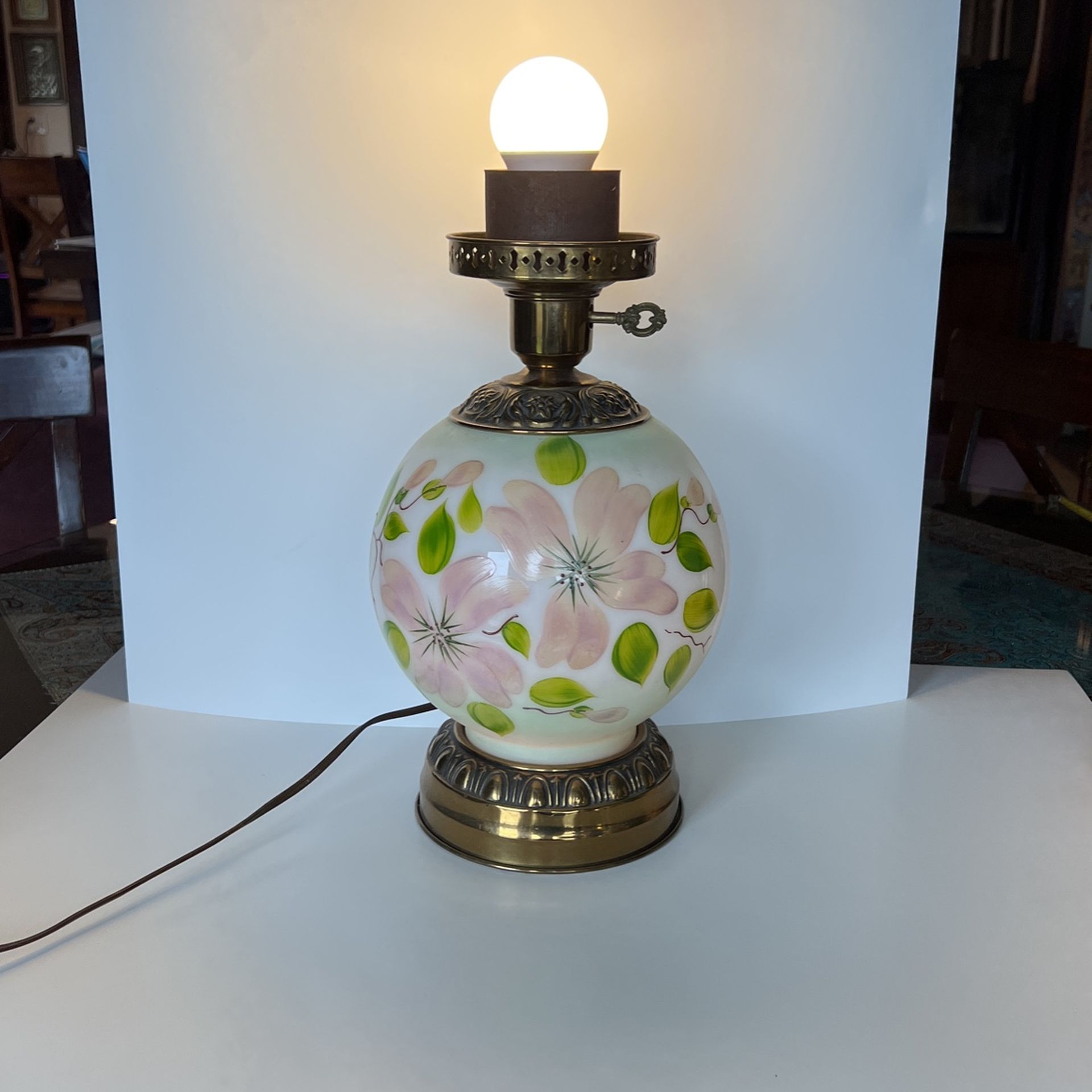 Vintage Floral Hurricane Lamp; Working Condition; Shade Is Missing