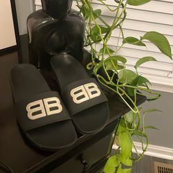 Balenciaga Womens Pool BB Wedge Slide On Sandals Black White Size 39/9 OBO