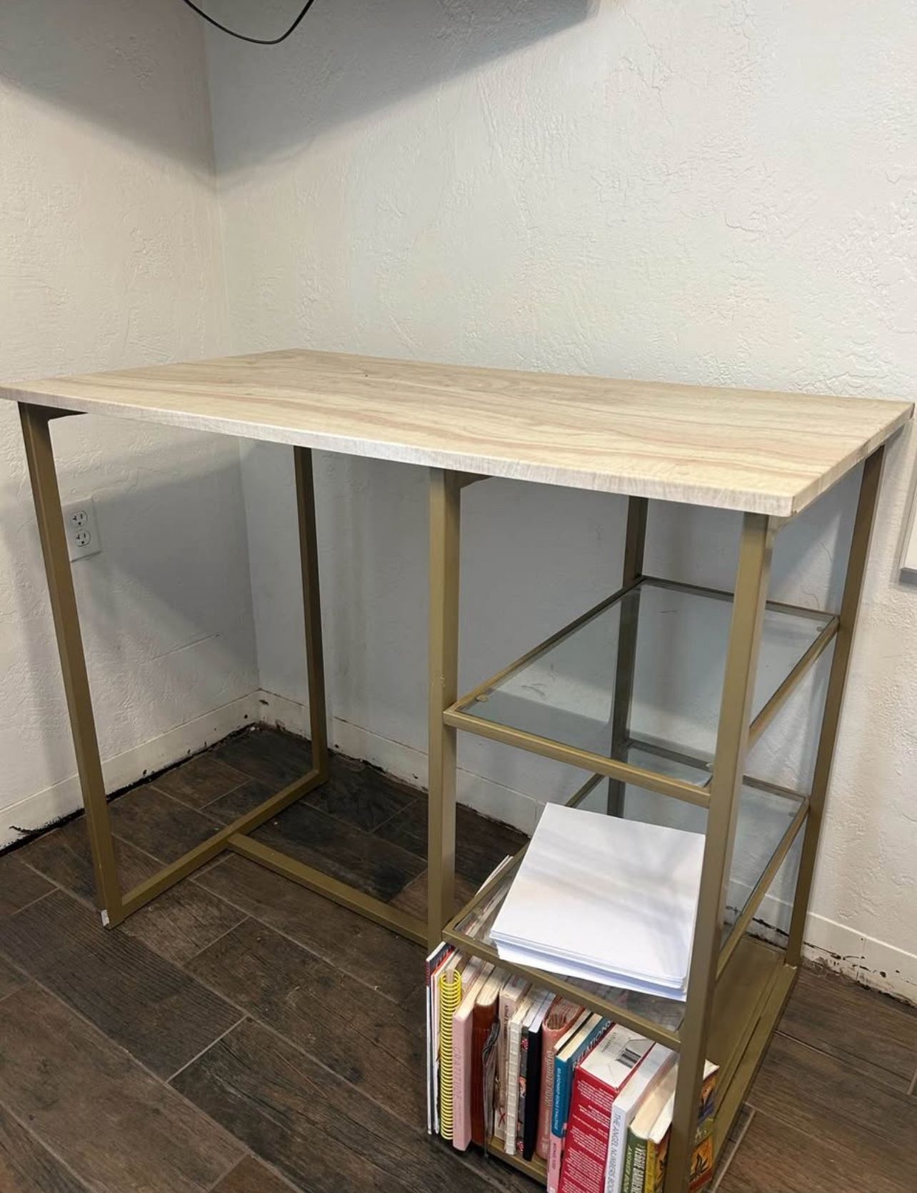 Marble Table With Glass Shelves And Two Stools 