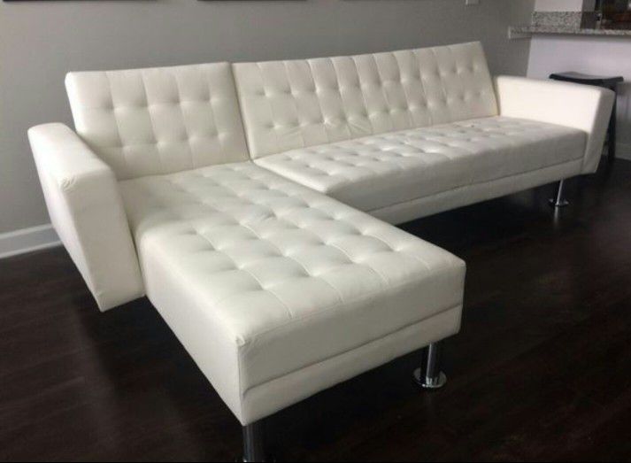 White Leather Sectional/ Sofa Bed 