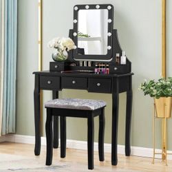 Black Vanity Dressing Table Set with Cushion Stool