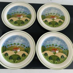Set of 4 vintage Sangostone stoneware country cottage dinner plates 10 5/8”.  Very nice,  no chips or cracks. Cute country grandma core design   