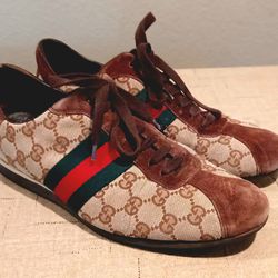 Gucci Supreme Low Top Sneakers Brown GG Canvas Suede Men Shoe Size US 8.5