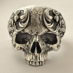 Sterling Silver 925 Floral Baroque Skull Mens Ring Size 10 Biker Ring
